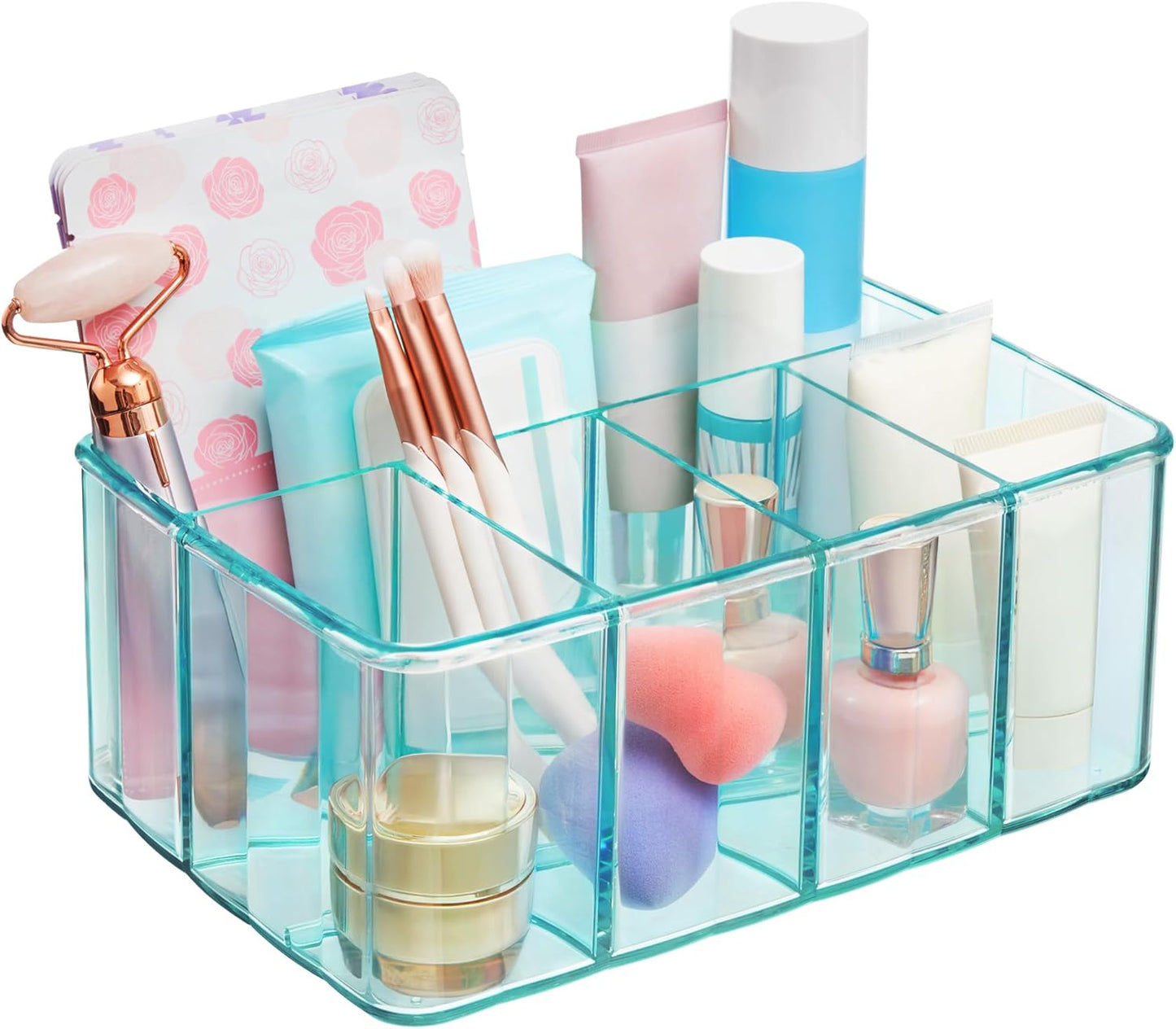 5-Compartment Plastic Organizer, Ocean Mist, Rectangular Divided Makeup and Vanity Storage Bin and Office Desk Caddy, Scalloped Wall Design, Made in USA