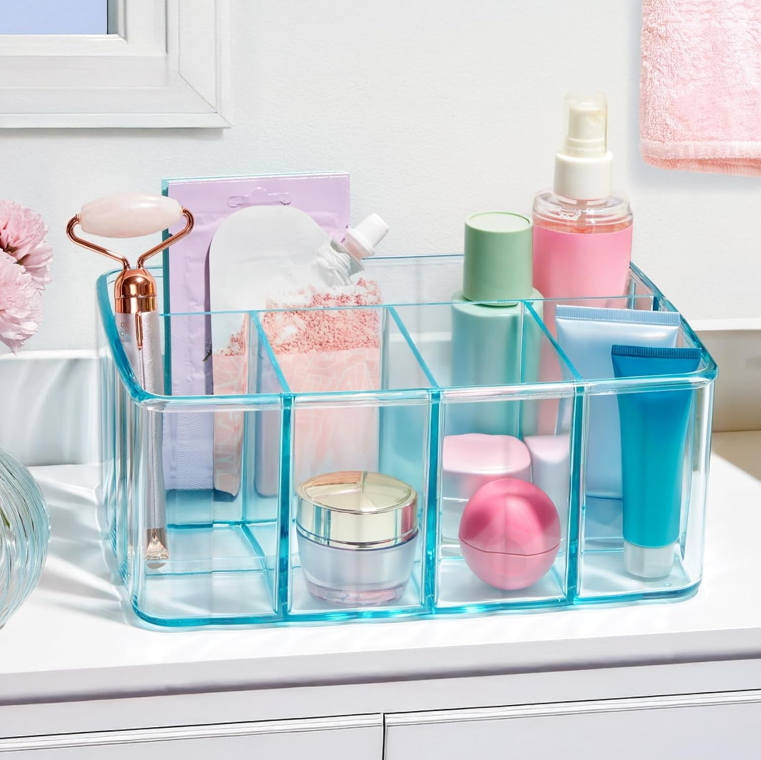 5-Compartment Plastic Organizer, Ocean Mist, Rectangular Divided Makeup and Vanity Storage Bin and Office Desk Caddy, Scalloped Wall Design, Made in USA